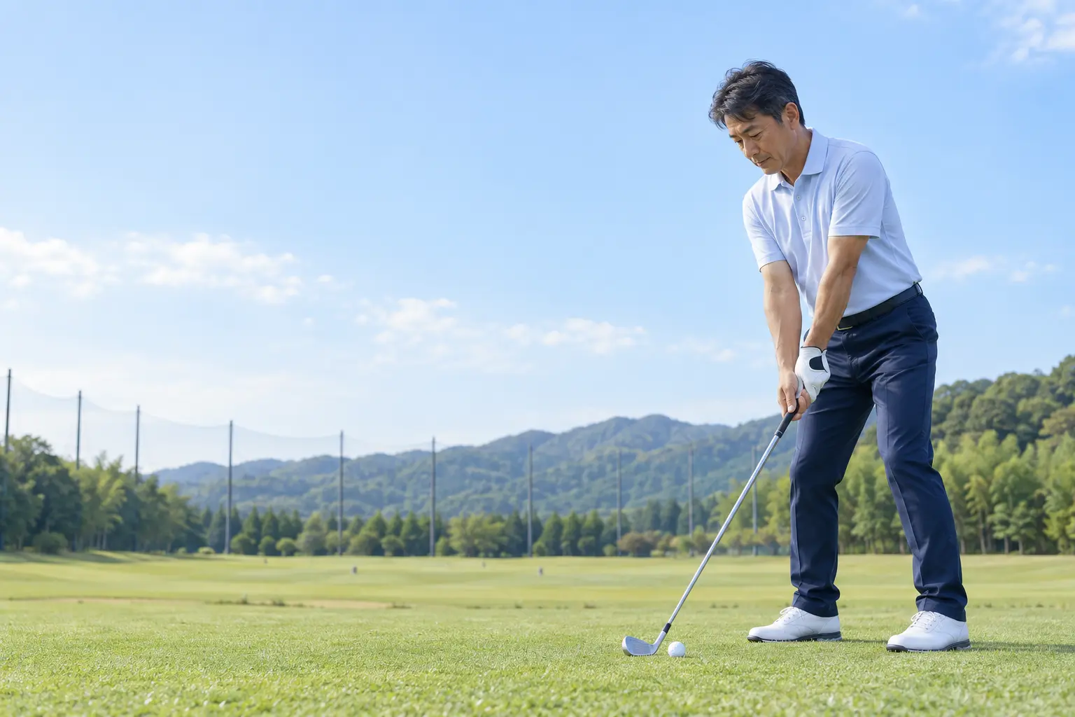 練習場でクラブを構える趣味のゴルファーのイメージ