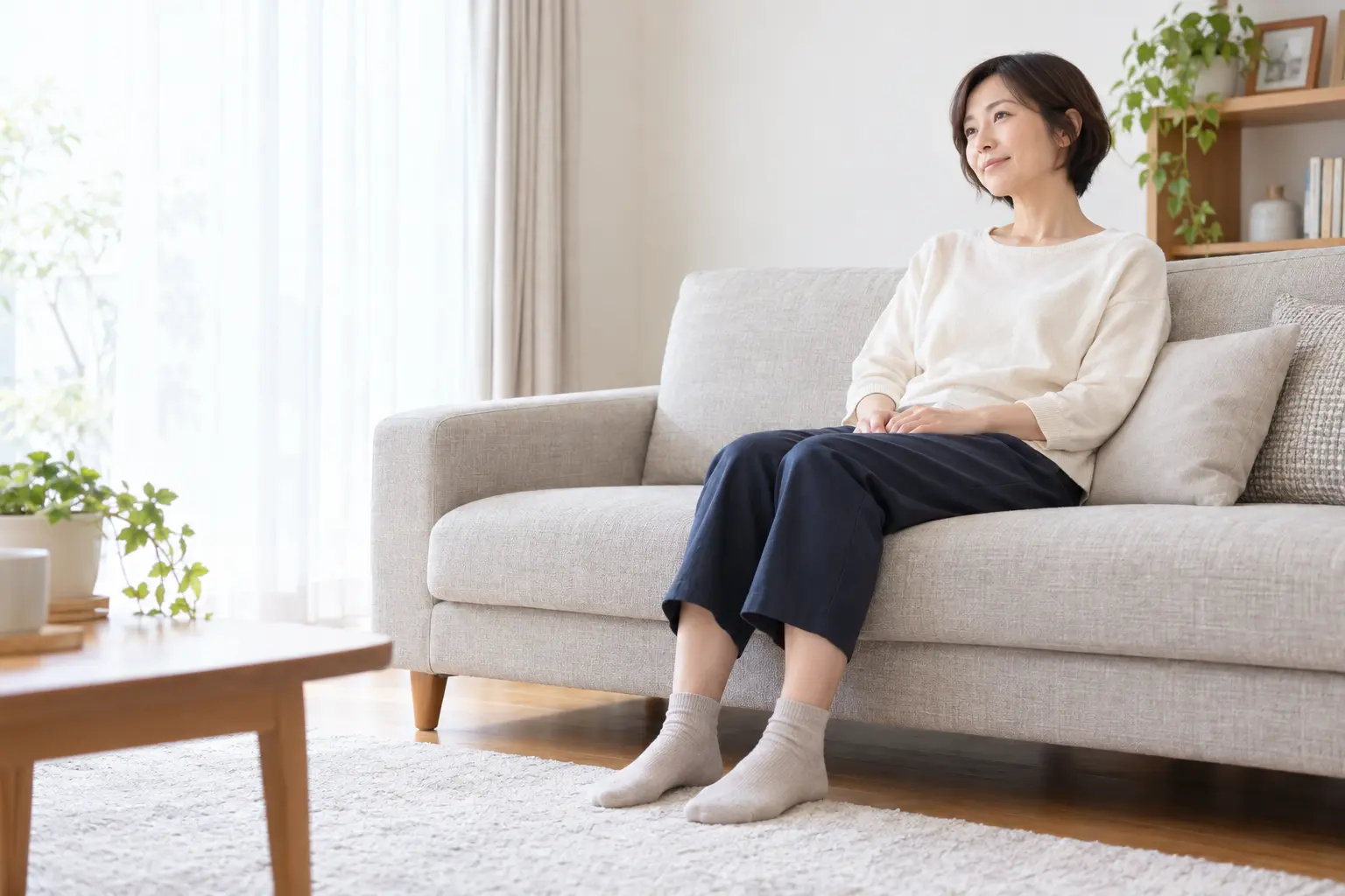 仕事を終えて自宅で脚を休める女性の生活イメージ