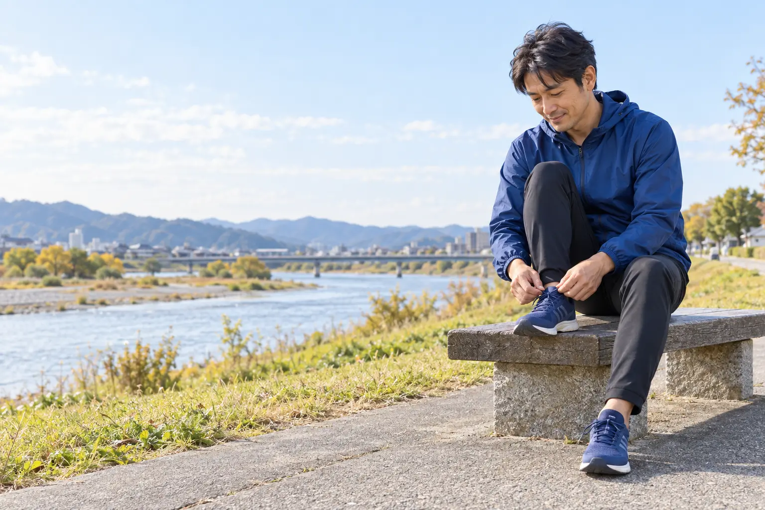 ジョギングのあとに川沿いで一息つくランナーのイメージ